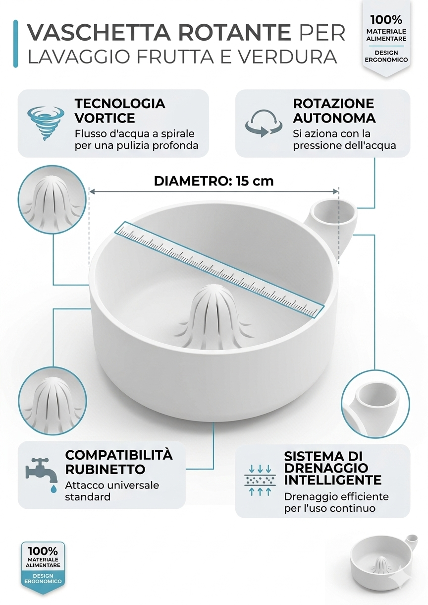 Colino Rotante per Lavare Frutta e Verdura | Scolapasta con Flusso d'Acqua Integrato | Lavaggio Rapido di Uva, Fragole e Mirtilli