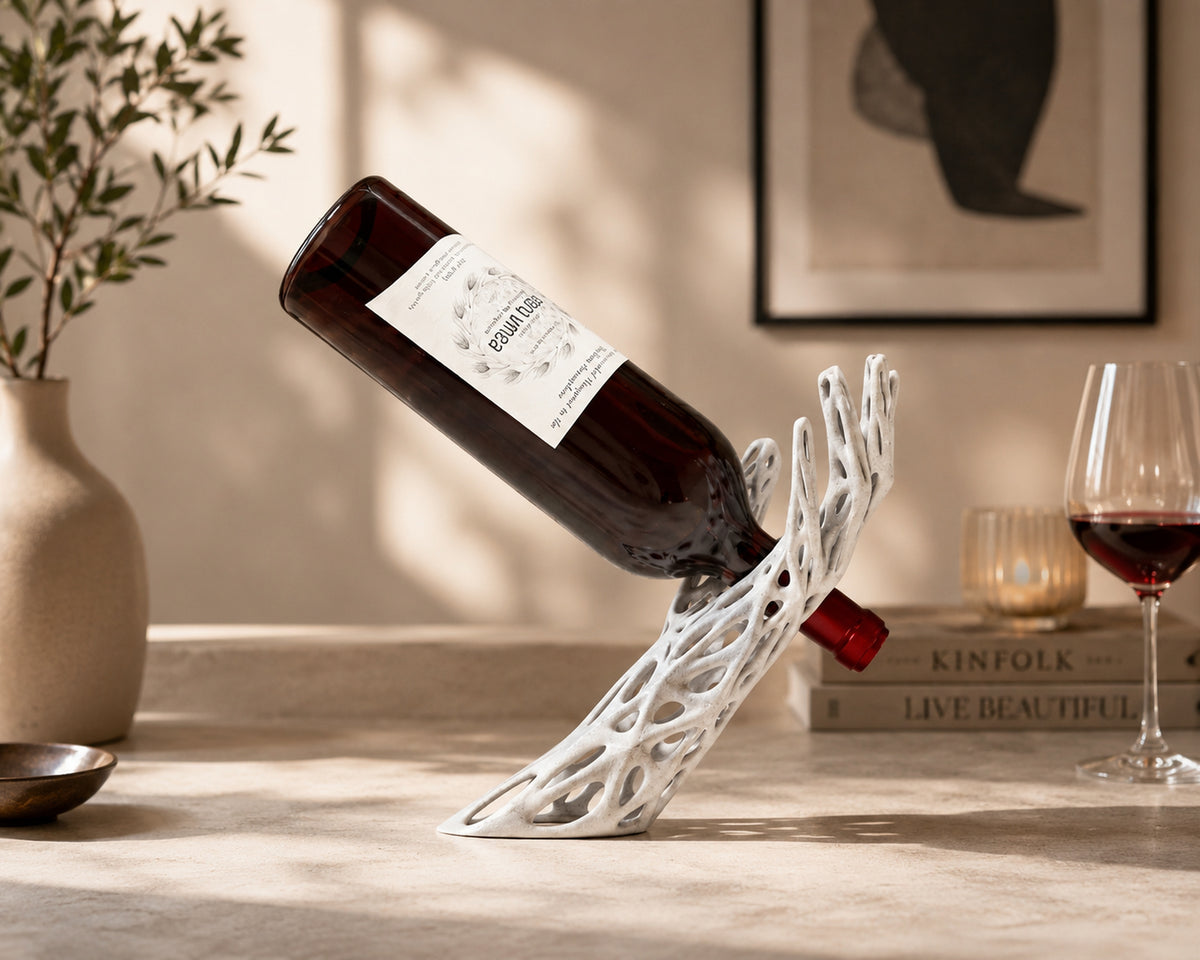 Portabottiglie Sospeso Moderno | Supporto Bottiglia Vino Design Organico | Decorazione Cucina e Soggiorno | Regalo per Amanti del Vino